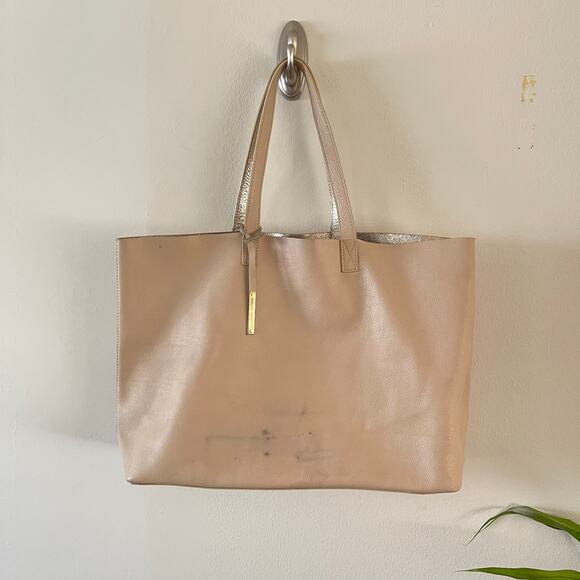 Galeries Lafayette Reversible Leather Tote Bag Tan Gold Metallic Large Shoulder - Picture 4 of 16